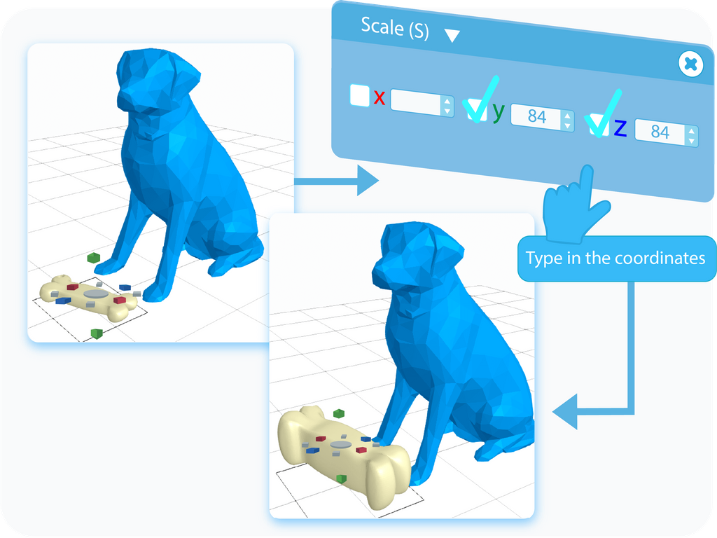 Scale the selected object by typing in the value into the text-boxes